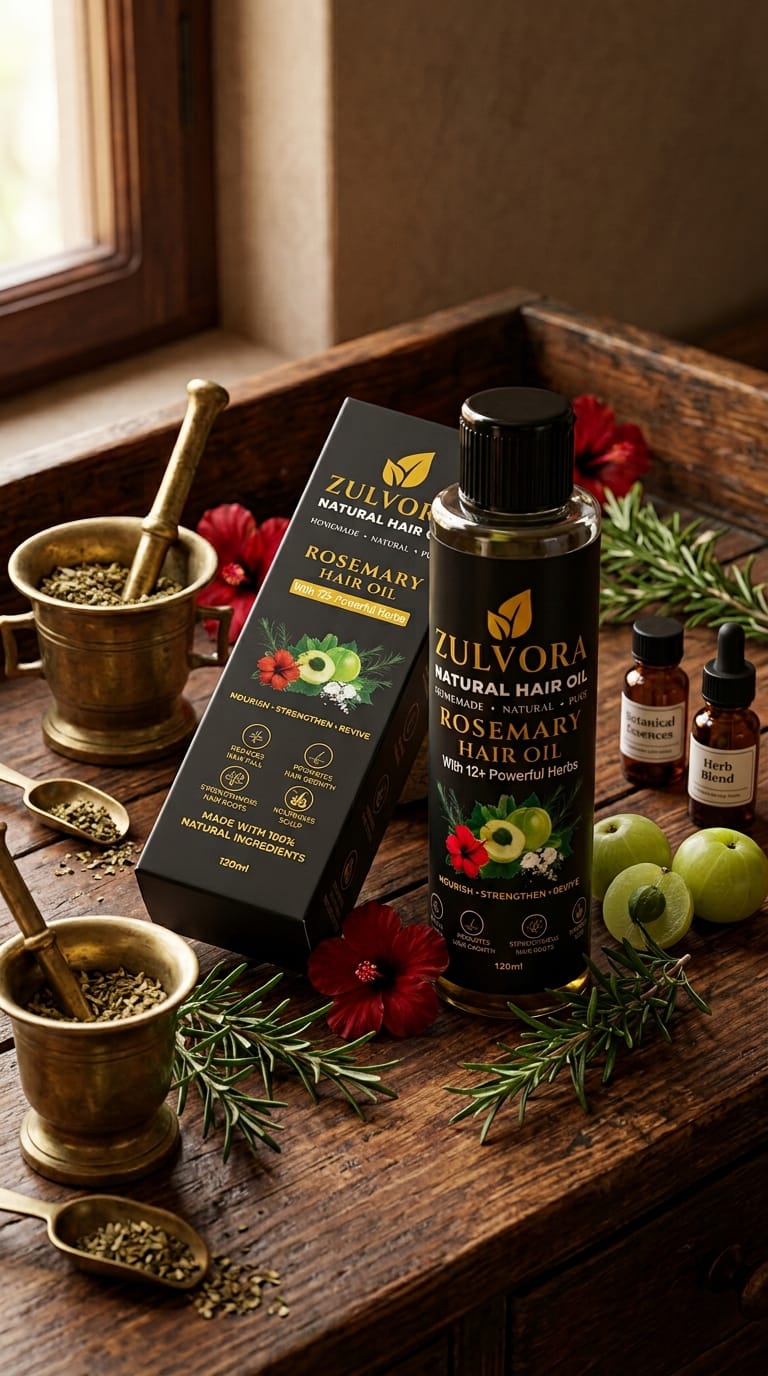 A bottle and box of ZULVORA Natural Hair Oil Rosemary Hair Oil are displayed on a rustic wooden table surrounded by rosemary sprigs, green apples, red flowers, and brass mortar and pestle tools.